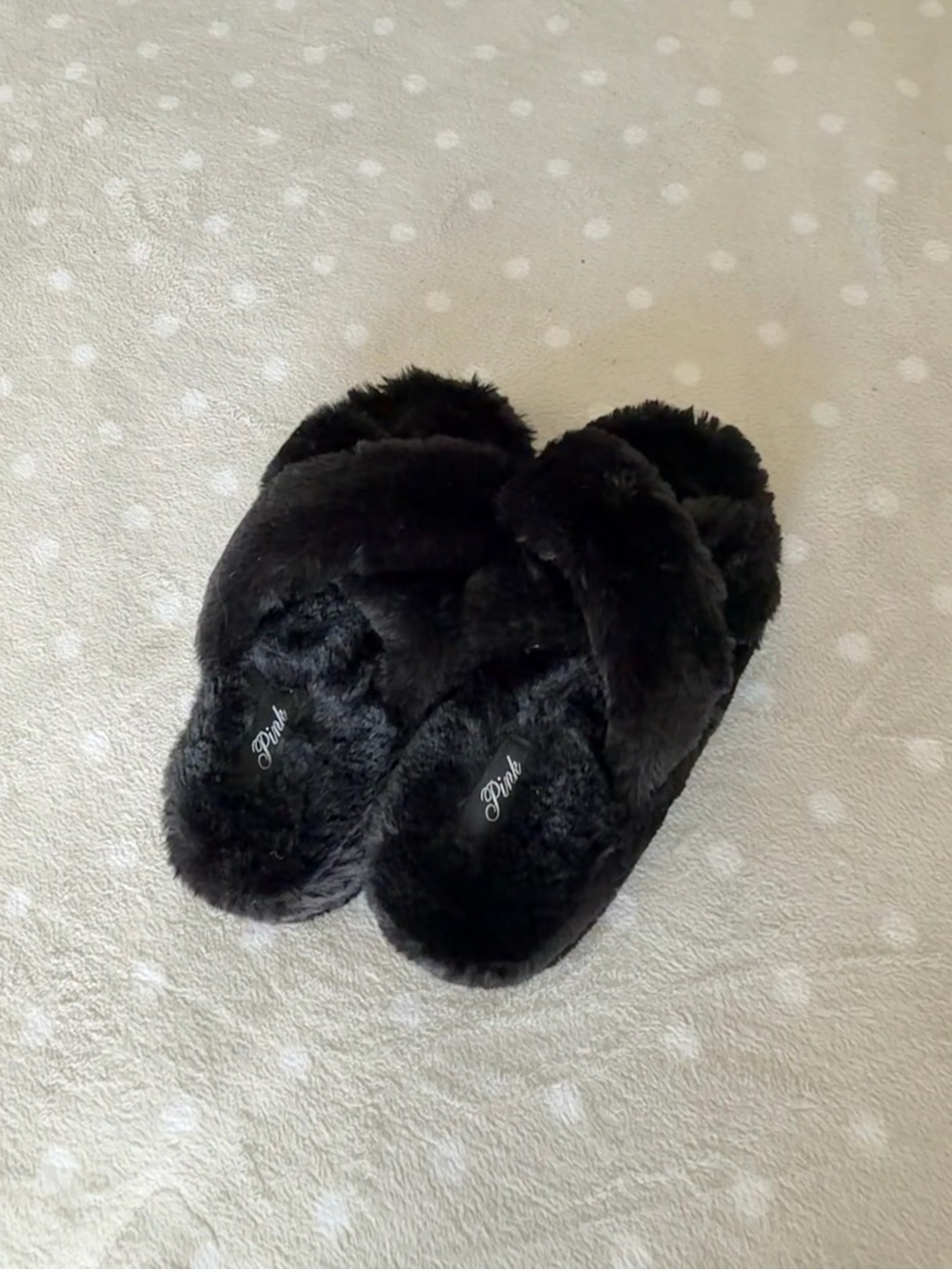 PINK Victoria's Secret Black Plush Crisscross Slippers